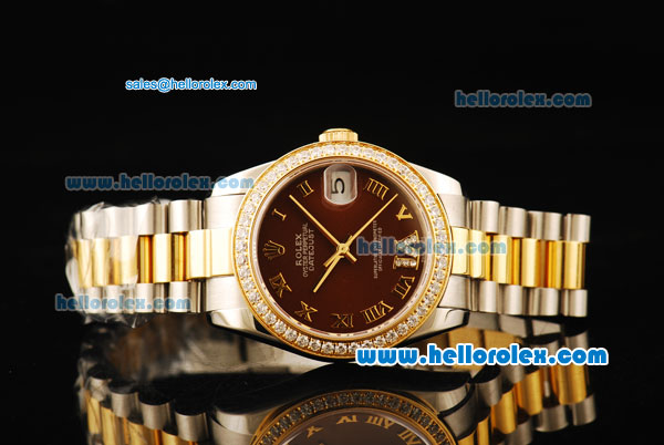 Rolex Datejust Automatic Movement ETA Coating Case with Brown Dial and Diamond Bezel-Two Tone Strap - Click Image to Close
